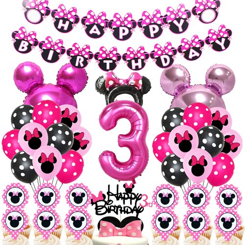 50pcs Pink Mouse Birthday Decorations 3 year old Girl Birthday Party Supplies Balloons Cake Topper Cupcake Topper