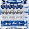 Blue Happy New Year Banner with 18pcs Balloons 2025 Glitter Blue Happy New Year Yard Banner Sign Fireworks Happy New Year Fence Banner 2025 New Year Latex Balloons for New Year Eve Party Supplies