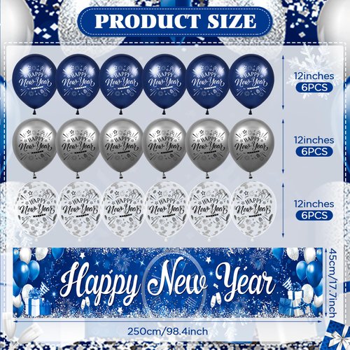 Blue Happy New Year Banner with 18pcs Balloons 2025 Glitter Blue Happy New Year Yard Banner Sign Fireworks Happy New Year Fence Banner 2025 New Year Latex Balloons for New Year Eve Party Supplies