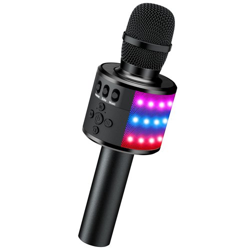 BONAOK Bluetooth Wireless Karaoke Microphone with LED Lights,4-in-1 Portable Handheld Mic with Speaker Karaoke Player Singing Home Party Toys Birthday Gift for Kids Adults Boys Girls Q78(Black)