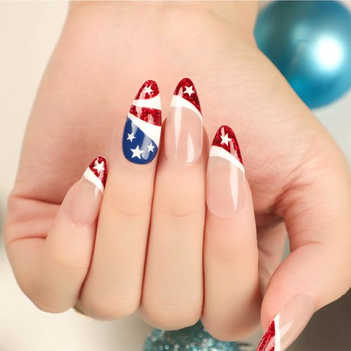 4th of July press on nails Medium Almond Fake Nails Independence Day False Nails Red Glitter French Tip Nail with White Star Design Glossy Nude Pink Nails Art for Women