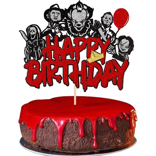 1 PCS Halloween Horror Happy Birthday Cake Topper Glitter Have a Killer Themed Birthday Cake Pick Decoration for Horror Classic Movie Theme Kids Birthday Halloween Party Cake Decorations Supplies