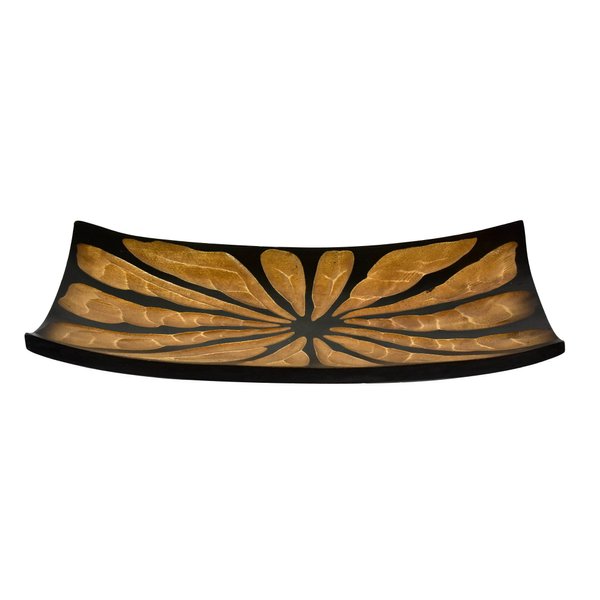 AeraVida Handcarved Flower or Burst 2-Tone Stained Rectangular Shaped Wooden Serving Bowl | Serving Tray with Handles