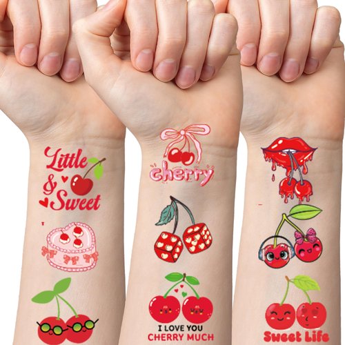 Cherries Party Temporary Tattoos - 8 Sheets Funny Fruit Themed Birthday Party Favors, Cute Cherries Designs Party Supplies Decorations, Sweet Treat Bag Stuffers