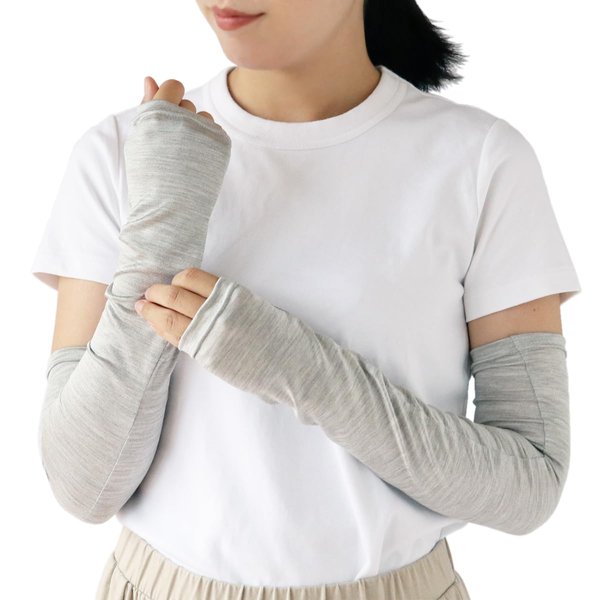 絹屋 Kinuya, Silk UV Sun Protection Cooling Arm Sleeves, for Wemen, Middle, Gray