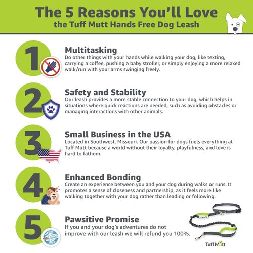 Tuff Mutt Hands Free Dog Leash For Running That Makes A Great Waist Leash for Dog Walking, Double Handle Bungee Leash with Reflective Stitching and Adjustable Dog Walking Belt