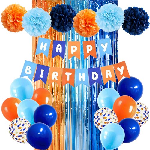 Hyballustw Blue and Orange Party Decorations, Birthday Decorations with Light Blue Navy Blue Orange Banner Balloons Pompoms Fringe Curtain Birthday Décor Supplies Boys Girls Kids