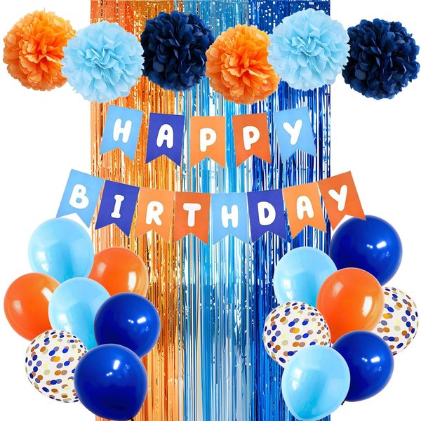 Hyballustw Blue and Orange Party Decorations, Birthday Decorations with Light Blue Navy Blue Orange Banner Balloons Pompoms Fringe Curtain Birthday Décor Supplies Boys Girls Kids