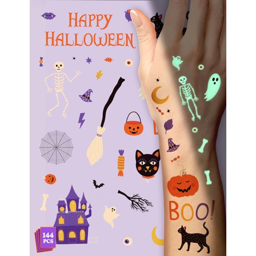 HOUSE OF PARTY Halloween Temporary Tattoos for Kids - Pack of 144 - Glow in the Dark Tattoos - Non-Toxic Waterproof Stickers for Boys and Girls - Ideal for Happy Halloween Decorations!