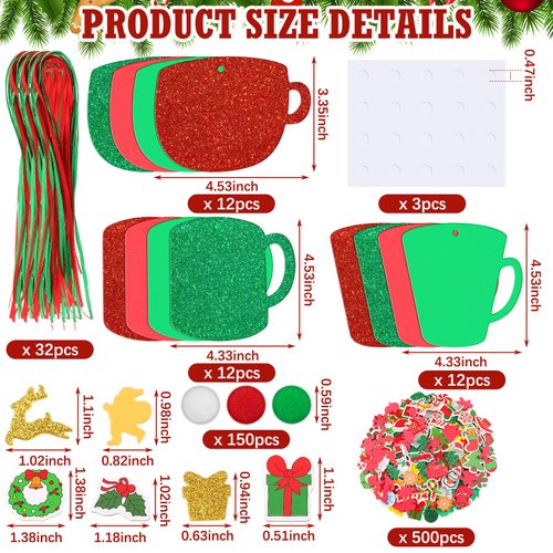 Syhood 725 Pcs Christmas Hot Cocoa Ornaments Craft Kit Foam Stickers Cafe Cup Mug Shape Glitter Stickers Christmas Craft Kits for Kids Xmas Holiday Party Supplies