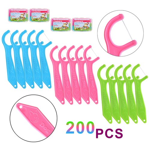Dental Floss Picks, FAMILIFE Kids flossers Toddler Threaders Children Unwaxed Unflavored Fluoride Free Dental Floss Child Kid Flossing Sticks with Travel Cases 200 Picks