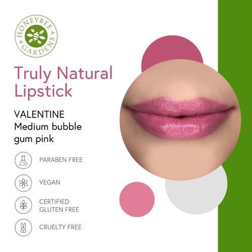 Honeybee Gardens Truly Natural Long Lasting Lipstick, Valentine, True Medium Pink, Naturally Hydrating & Nourishing, Vegan, Gluten-Free & Cruelty-Free, 0.13 oz / 3.8 g
