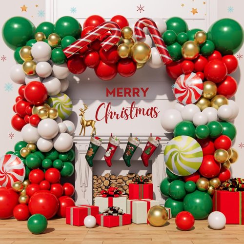 Beaumode Christmas Balloon Arch Garland Kit 160pcs Red Green Gold Balloons With Candy Cane Swirl Foil Balloons Xmas Merry Christmas Friendsmas Santa Claus Ugly Sweater Party Decoration (Green)