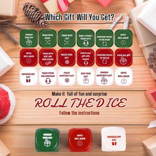 RoundFunny 6 Pcs Christmas Party Gift Exchange Dice Game Santa Swap Gift Exchange Dice White Elephant Gift Exchange Game Dice for Family Friend Coworker Volunteer Holiday Party Decoration Supplies