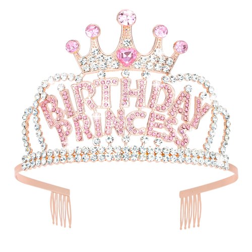 CIEHER Birthday Crown Birthday Princess Crown for Girls, Birthday Tiara Birthday Crowns for Women, Princess Birthday Decorations Birthday Gifts for Girl - Rose Gold & Pink