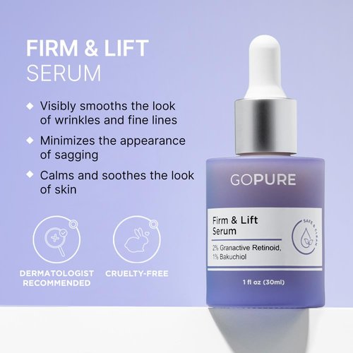 goPure Actives Firm & Lift Serum - Anti-Aging Serum with Retinol for more Smooth, Even-Texture and Glowing Skin, and Antioxidant Bakuchiol for Collagen Support and Firmer-Looking Skin - 1 fl oz