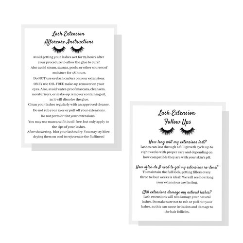Lash Extension Aftercare Instruction Cards for Clients | Post Card Size 4.25 x 5.5” inches | 30 pack | Minimalist Black and White for Lash Artist Techs Client Business Cards