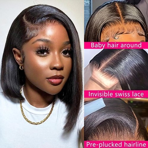 12inch Bob Wig Human Hair 13x4 Straight Lace Front Wigs Wear and Go Glueless Human Hair Bob Wigs Pre Plucked with Baby Hair Straight Bob Frontal Wigs for Black Women Natural Color