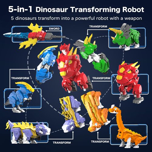 RISUNTOY 6+ Kids 5-in-1 Dinosaur Transforming Robot Toy - Safe, Durable, Easy Assembly | Educational Gift for Boys & Girls - Build & Combine into Mega Robot with Weapon