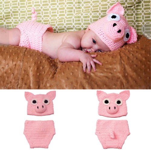 Ximkee Newborn Baby Photography Props Crochet Costume Hat and Pants Outfits Toddler Photoshoot Sets Pink Pig