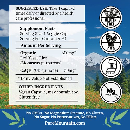 Pure Mountain Botanicals Red Yeast Rice with CoQ10 90 Kosher Vegan Capsules Now with 600mg Organic Red Rice Yeast Plus Co Q 10