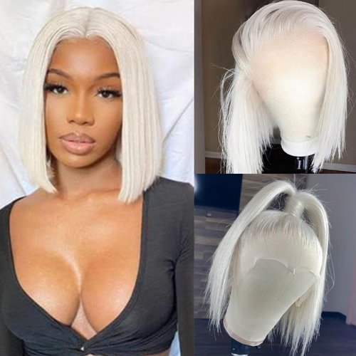 Byluxurious 60# Grey Platinum Blonde Wig Human Hair for White Pre Plucked HD Transparent Short Bob Wigs Human Hair Silver Ash White Lace front Wig For Women T Part Brazilian Hair 14 Inch 150 Density