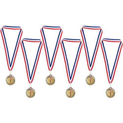 Juvale Gold Medals - 6-Pack Metal Winner Awards, Perfect for Sports, Competitions, Spelling Bees, Party Favors, 2.75 Inches Diameter with 16.3 Inch USA Ribbon