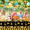 132 Pcs Construction 3rd Birthday Party Supplies Dump Truck Theme Three Tableware Includes Hanging Swirl, Banner, Plates, Cups, Tablecloth for Boys Construction Three Years Old Bday Party Decorations