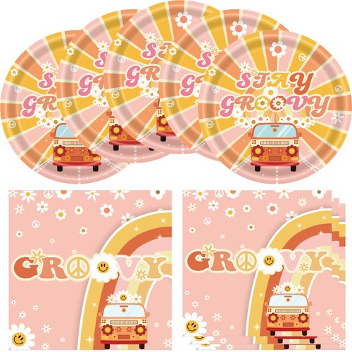Groovy Birthday Party Supplies, Include 20 Groovy Plates and 20 Groovy Napkins, for Girls Two Groovy One Groovy Daisy Hippie Theme Birthday Party Decorations