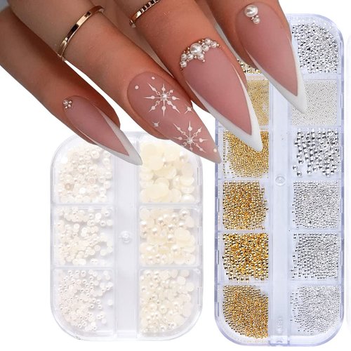 2 Boxes Nail Art Pearls Flatback Pearl - Gold Silver Nail Art Caviar Beads 3D Steel Metal Nail Charms Half Round Pearl Rhinestone Luxurious Design Nail Decoration DIY Crafts Jewelry Manicure Accessory