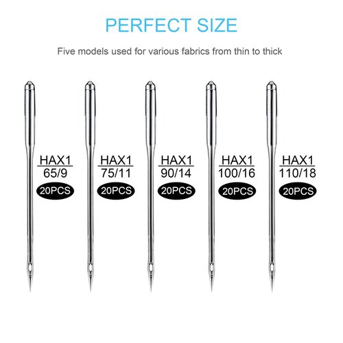 Sewing Machine Needles, 100 PCS Universal Sewing Machine Needle, Compatible with Singer, Brother, Janome, Varmax, Sizes HAX1 65/9, 75/11, 90/14, 100/16, 110/18 (100 PCS)