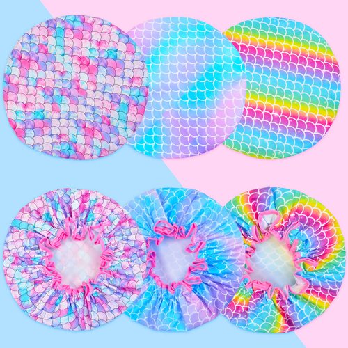 Shower Cap For Kids,3 Pcs Kids Girls Toddler Shower Cap, Reusable Plastic Rainbow Unicorn Shower Cap For Girls Adjustable Cute Mermaid Hair Cap Waterproof Childrens Women Head Cap For Hair