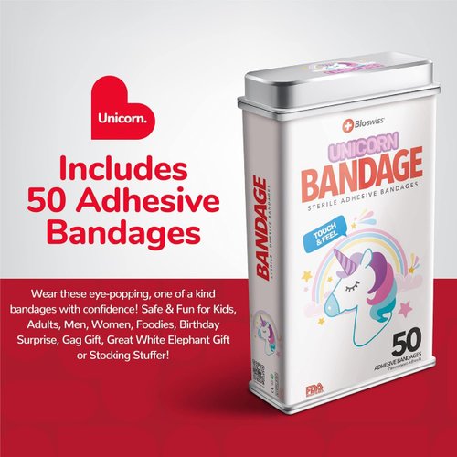 BioSwiss Bandages, Unicorn Shaped Self Adhesive Bandage, Latex Free Sterile Wound Care, Fun First Aid Kit Supplies for Kids, 50 Count