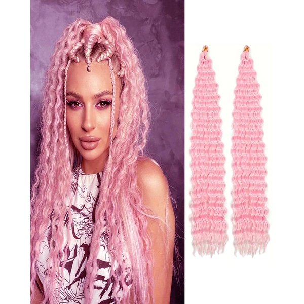 Cypsin Pink Curly Crochet Hair 30Inch 2 Packs Deep Wave Crochet Hair with Crochet Hook, Long Ocean Wave Braiding Hair for Women, Synthetic Hair Curly Braiding Hair Extensions