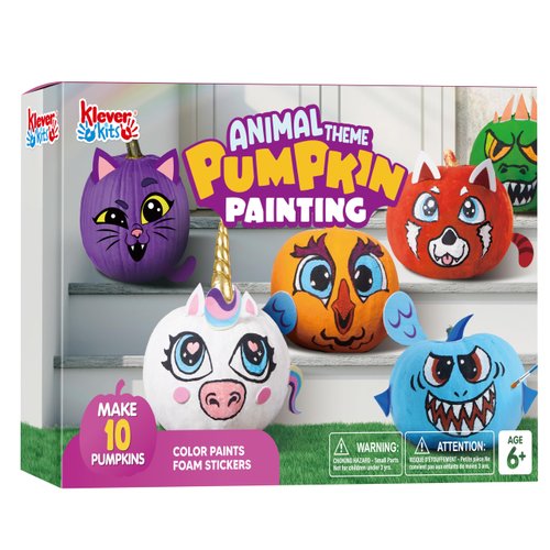 Klever Kits Halloween Pumpkin Decorating Kit, Halloween Party Supplies Arts Crafts, Party Favor for Kids, DIY Pumpkin Painting Kit with 10 Animal Designs, Coloring Craft Games Classroom Activities