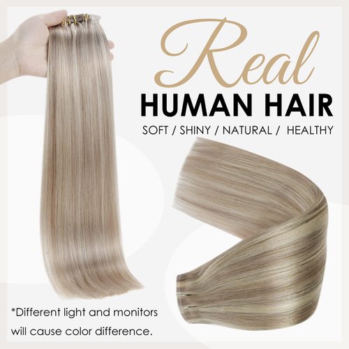 Full Shine Blonde Clip in Hair Extensions Highlights Human Hair Clip in Extensions Ash Blonde Mix Bleach Blonde 8 Pcs 80 Grams Pu Clip in Human Hair Blonde Remy Hair Extensions Straight 12Inch