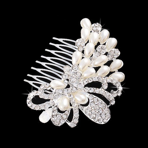 ACCESSORIESFOREVER Women Bridal Wedding Jewelry Crystal Rhinestone Elegant Teardrop Pearl Hair Comb Pin