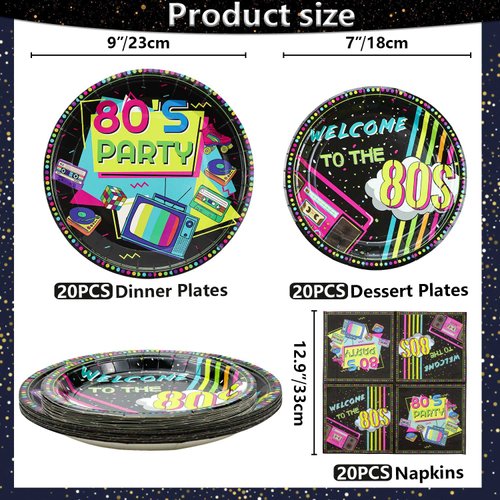 Hegbolke 80s Party Supplies - 61 Pcs 80s Plates Napkins Tablecloth Set, for Back to the 80s Party Decorations, 80s Theme Birthday Party Supplies - Serves 20