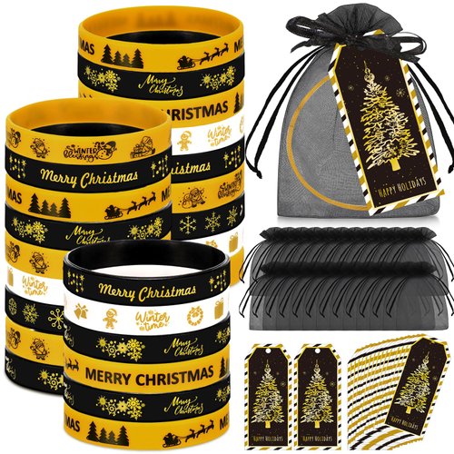 Liliful 24 Set Golden Black Christmas Silicone Bracelets Gifts Set, Golden Xmas Rubber Wristbands with Tags and Organza Bags for Xmas Goody Bag Stuffers Christmas Classroom Gifts Christmas Party Favor