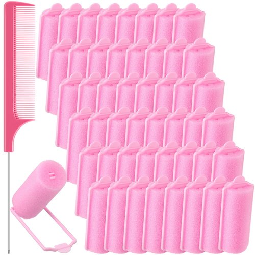 48 Pieces Foam Sponge Hair Curlers, Soft Flexible Styling Set with Stainless Steel Rat Tail Comb (0.98 inch/ 2.5 cm, Pink and Dark Pink)