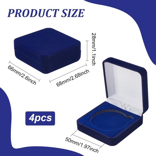 FINGERINSPIRE 4 Pcs 50mm Midnight Blue Velvet Challenge Coin Storage Gift Box 2.58x2.58x1.4 Square Badge Presentation Display Box Single School Emblem Badge Display Holder Medal Storage Case