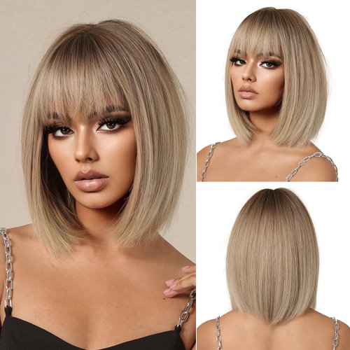 OUFEI Ombre Blonde Bob Wigs for Women Short Straight Wig with Bangs Synthetic Hair Heat Resistant Wigs for Daily Party Cosplay Wear