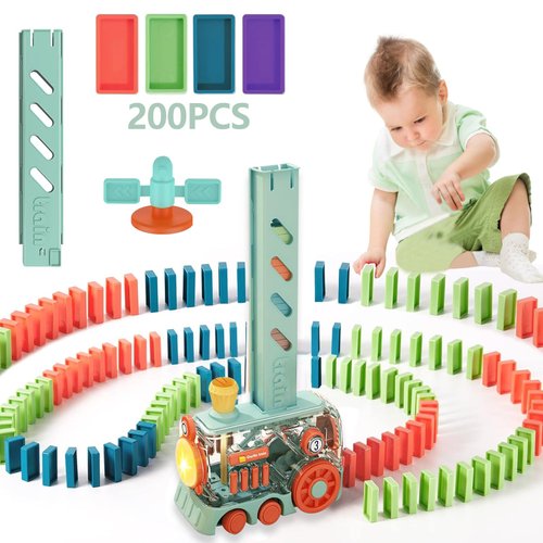 WXQAIY Domino Train Toys, 200PCS Automatic Dominoes Stacking Kids Games for 3+ Year Old Boys, Stem Montessori Toy Toddler Birthday Gifts Age 4 5 6 7 8