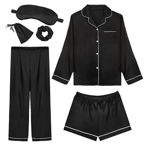 Womens Silk Satin Pajamas Sets 6pcs Long Sleeve Pj Set Soft Button Down Sleepwear Loungewear with Eye Mask & Silk Scrunchies Black