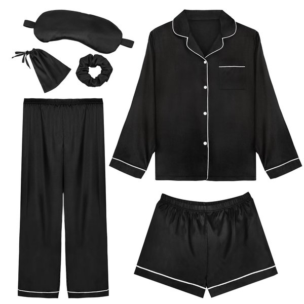 Womens Silk Satin Pajamas Sets 6pcs Long Sleeve Pj Set Soft Button Down Sleepwear Loungewear with Eye Mask & Silk Scrunchies Black