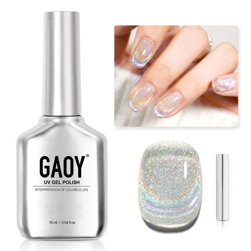 GAOY Cat Eye Gel Nail Polish, Glitter Holographic Nail Polish with Magnet, 16ml Reflective Transl...