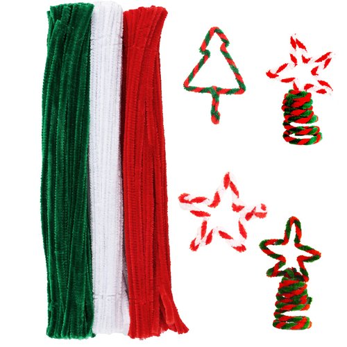 150 Pieces Christmas Pipe Cleaners Chenille Stem,50 White Craft Pipe Cleaners,50 Green Chenille Stems Pipe Cleaners, and 50 Red Pipe Cleaners for Arts and Crafts, Xmas Home Decoration
