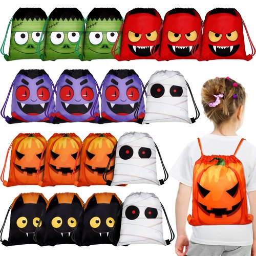 Shihanee 18 Pcs Halloween Drawstring Bags Set Halloween Drawstring Backpack Party Supplies Halloween Polyester String Sack Bags Bulk for Kids Party Favors Gift Wrap Bags, 6 Styles