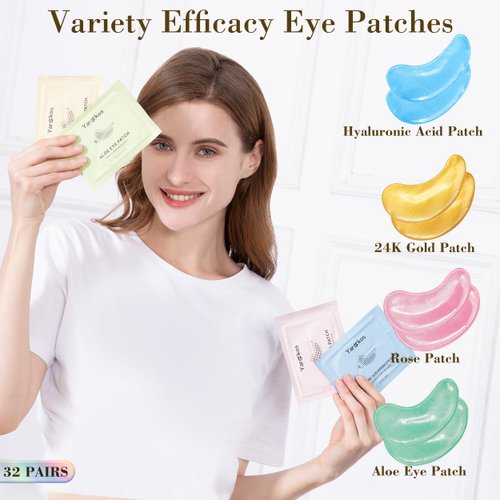 Yargkos 32 Pairs Under Eye Patches, Hydrating Eye Masks for Dark Circles Puffiness Puffy Eyes, Anti Wrinkle Collagen Undereye Pads, 32 Sets Travel Skincare Face Gel (24K Golden+Blue+Pink+Green)
