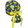 CALOMED Scrub Cap for Women and Men, Ponytail Scrub Caps, Working Hat, Head Cover with Ribbon Ties and Buttons, Long Hair (Lemon and Flowers on Blue)